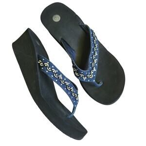 Y2K Womens 7 Platform Wedge Foam Flip Flops Denim Bejeweled Sandals McBling